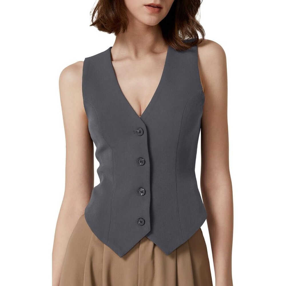 🆕Women's Dark Grey V Neck Vest Top Sleeveless Button Down Lined Solid Crop Tops